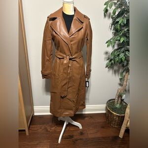 NWT Kenneth Cole New York Faux Leather Trench Coat in Cognac Sz XS
